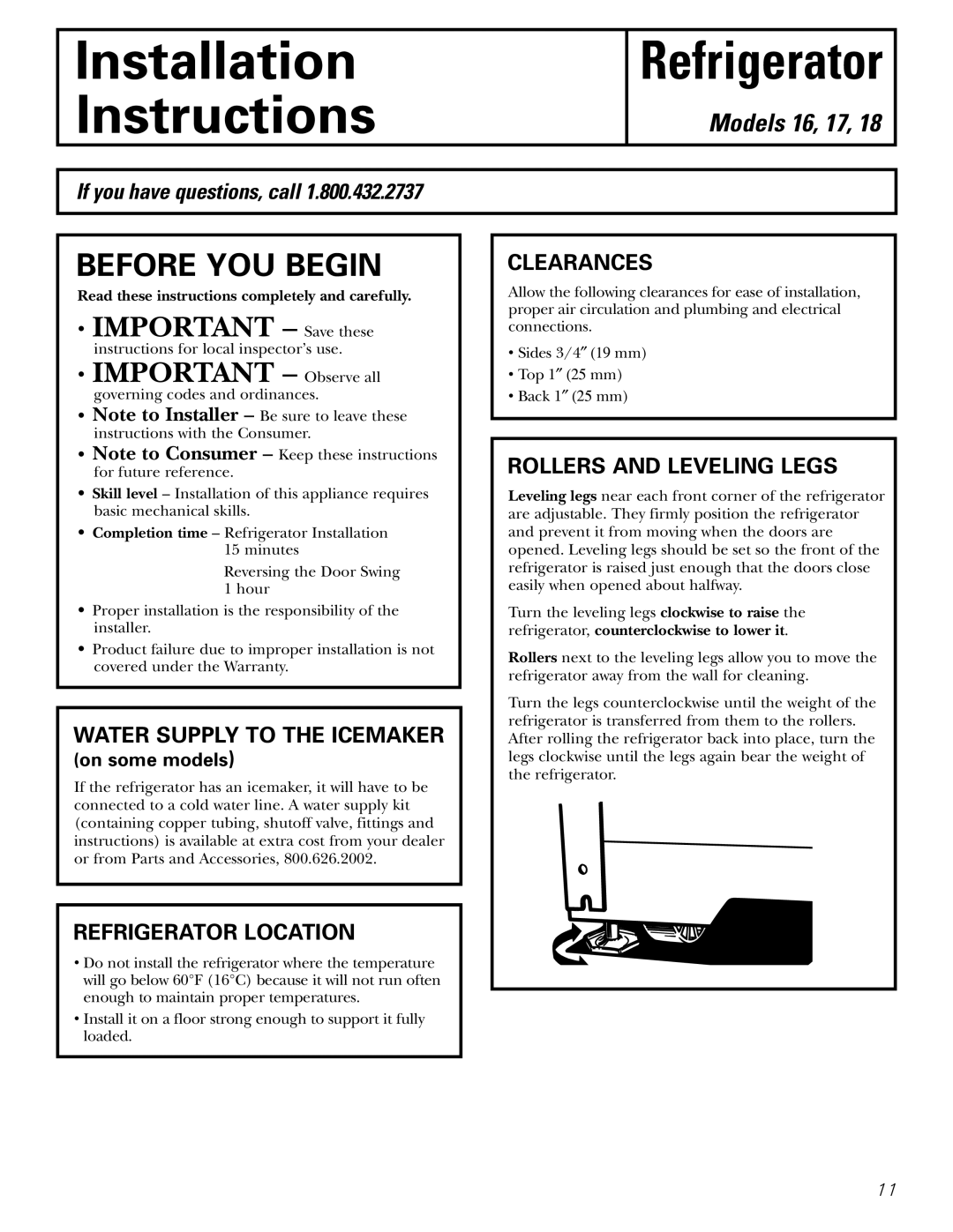 Americana Appliances 16, 18, 17 installation instructions Refrigerator Location, Clearances, Rollers and Leveling Legs 