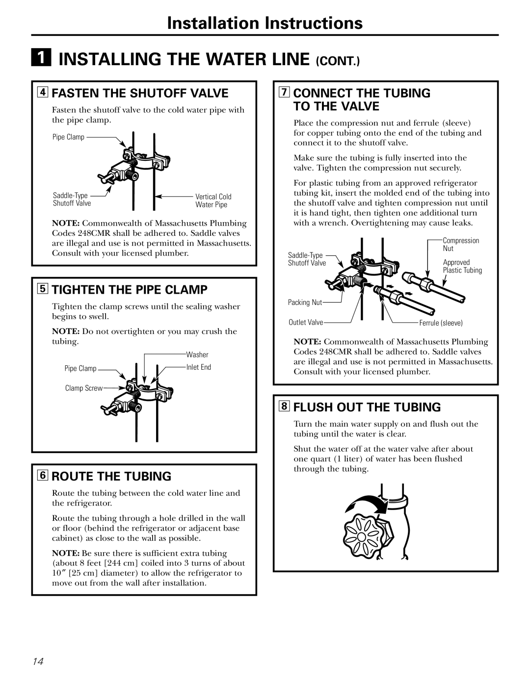 Americana Appliances 16, 18, 17 Fasten the Shutoff Valve, Tighten the Pipe Clamp, Route the Tubing, Flush OUT the Tubing 