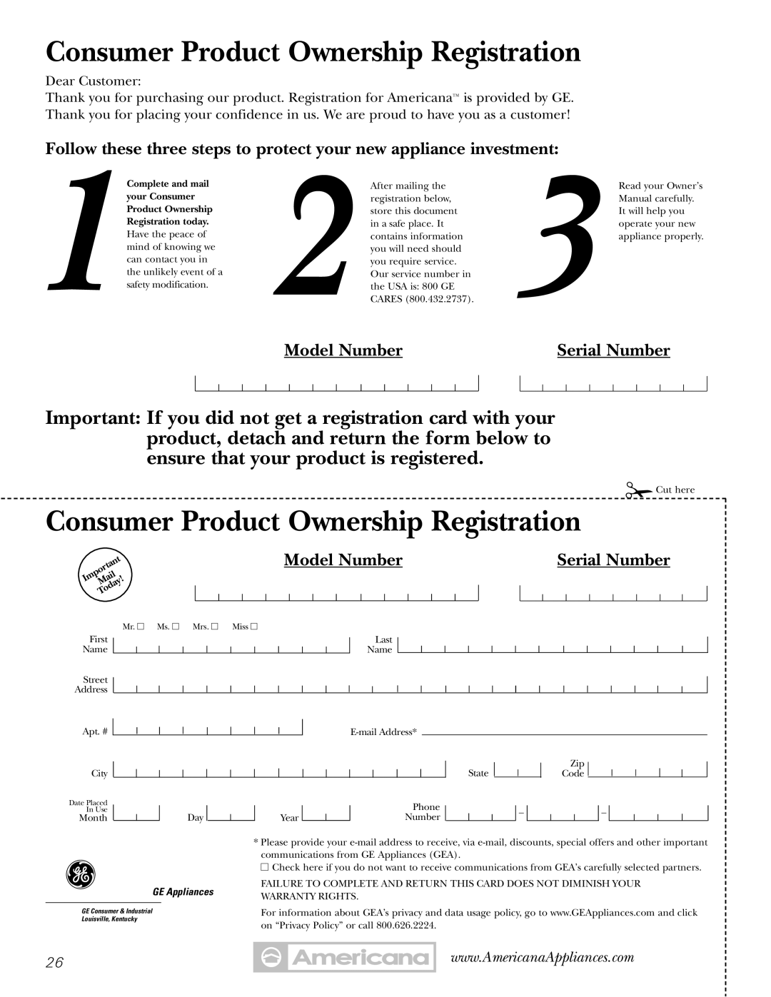 Americana Appliances 16, 18, 17 installation instructions Consumer Product Ownership Registration 