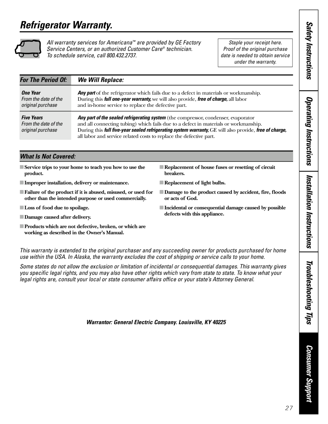 Americana Appliances 18 Refrigerator Warranty, Troubleshooting Tips Consumer Support, We Will Replace, What Is Not Covered 