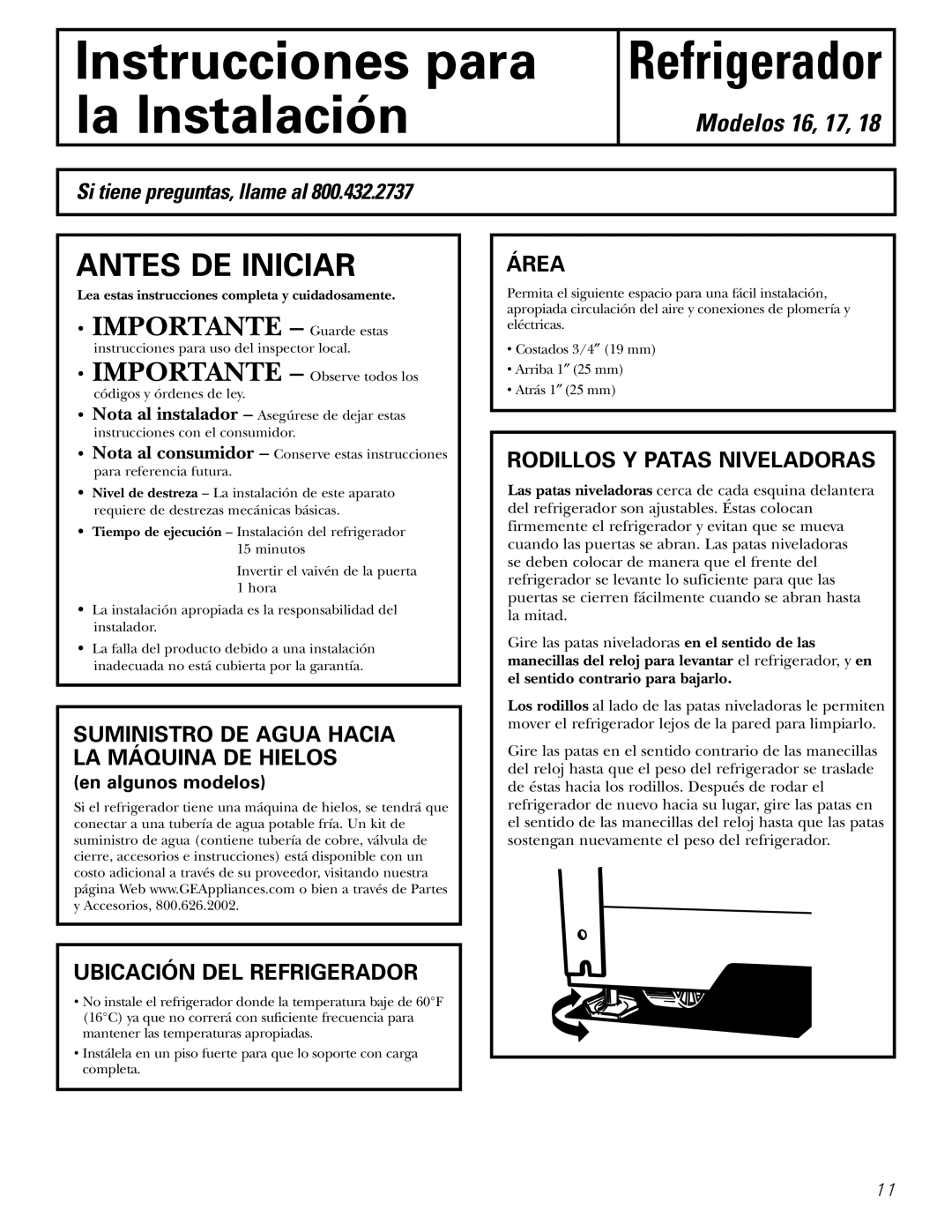 Americana Appliances 18, 17, 16 Suministro DE Agua Hacia LA Máquina DE Hielos, Ubicación DEL Refrigerador, Área 