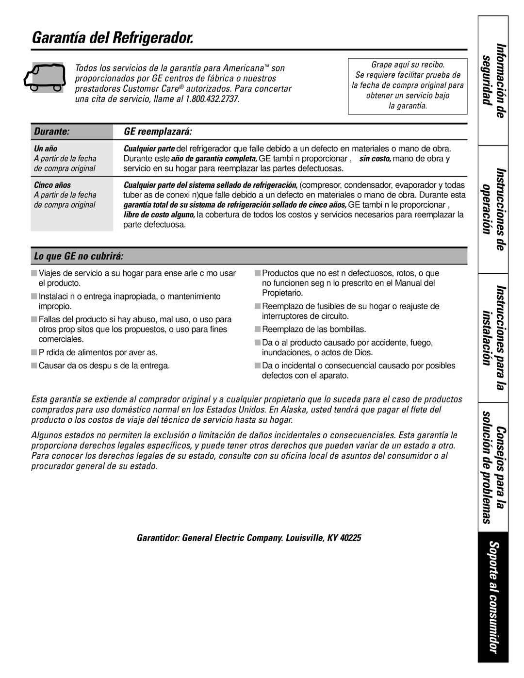 Americana Appliances 17, 18, 16 Garantía del Refrigerador, Durante GE reemplazará, Lo que GE no cubrirá, Un año, Cinco años 