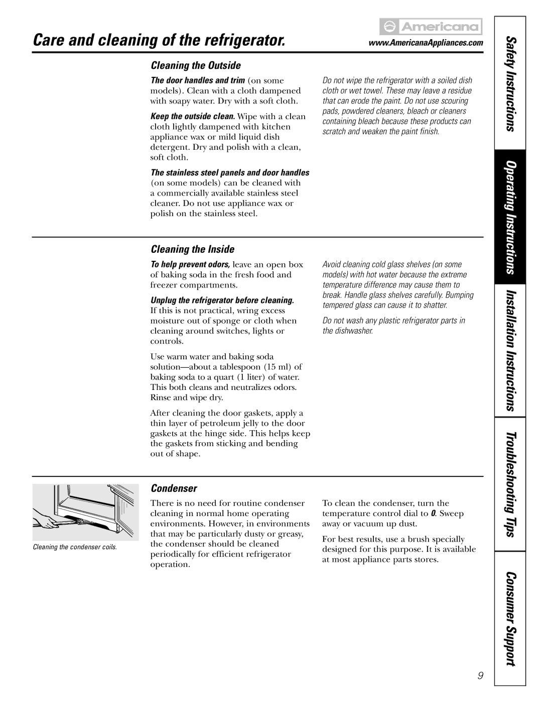 Americana Appliances 18, 17 Care and cleaning of the refrigerator, Tips Consumer Support, Cleaning the Outside, Condenser 