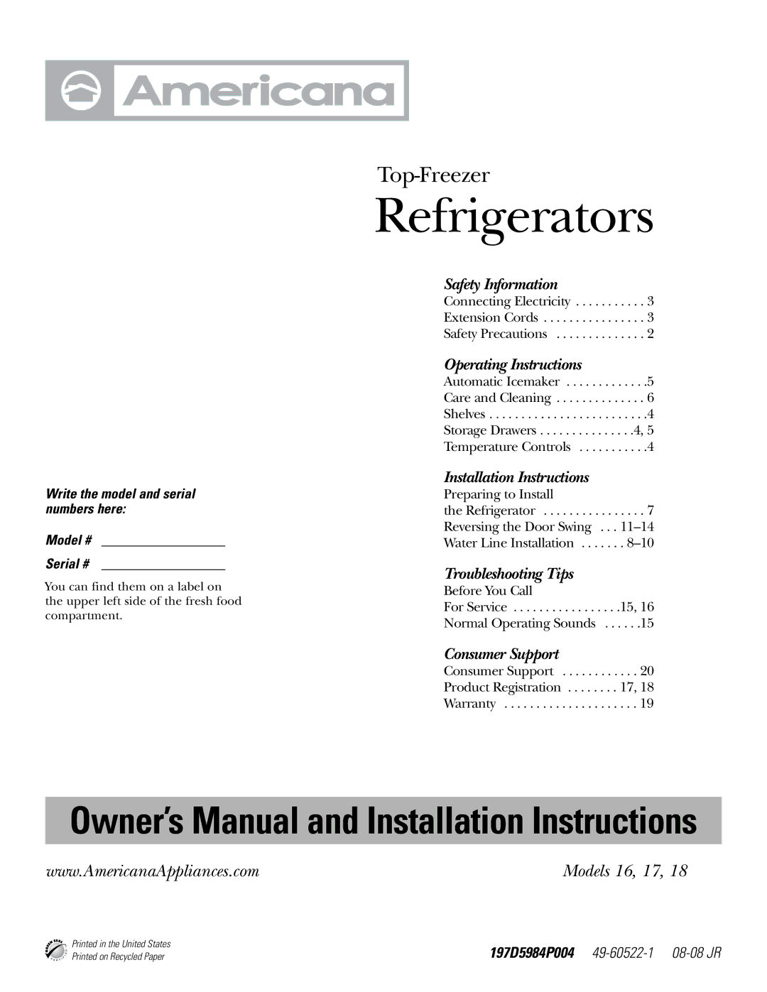 Americana Appliances 197D5984P004 installation instructions Refrigerators 