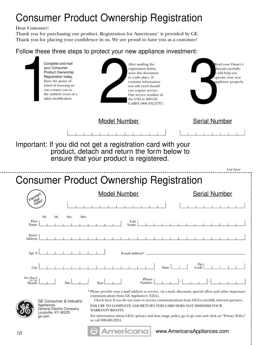 Americana Appliances 197D5984P004 installation instructions Consumer Product Ownership Registration 