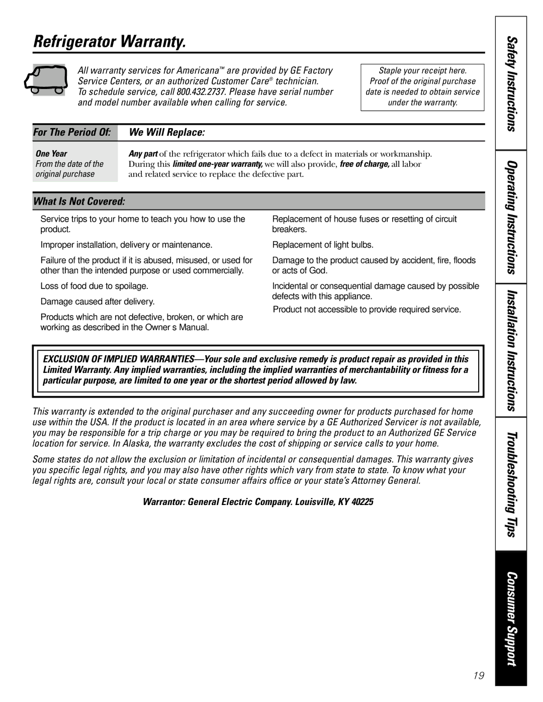 Americana Appliances 197D5984P004 Refrigerator Warranty, Service Centers, or an authorized Customer Care technician 