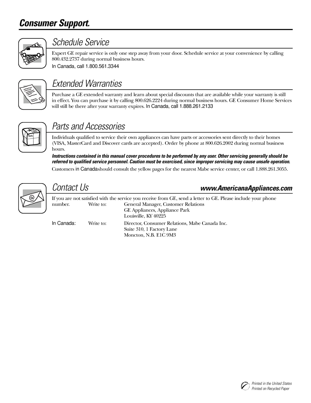 Americana Appliances 197D5984P004 installation instructions Consumer Support, Contact Us 