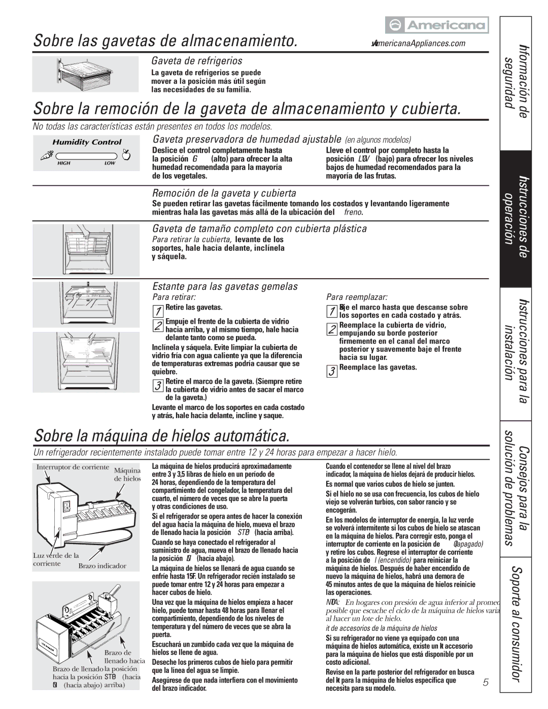 Americana Appliances 197D5984P004 installation instructions Sobre la remoción de la gaveta de almacenamiento y cubierta 