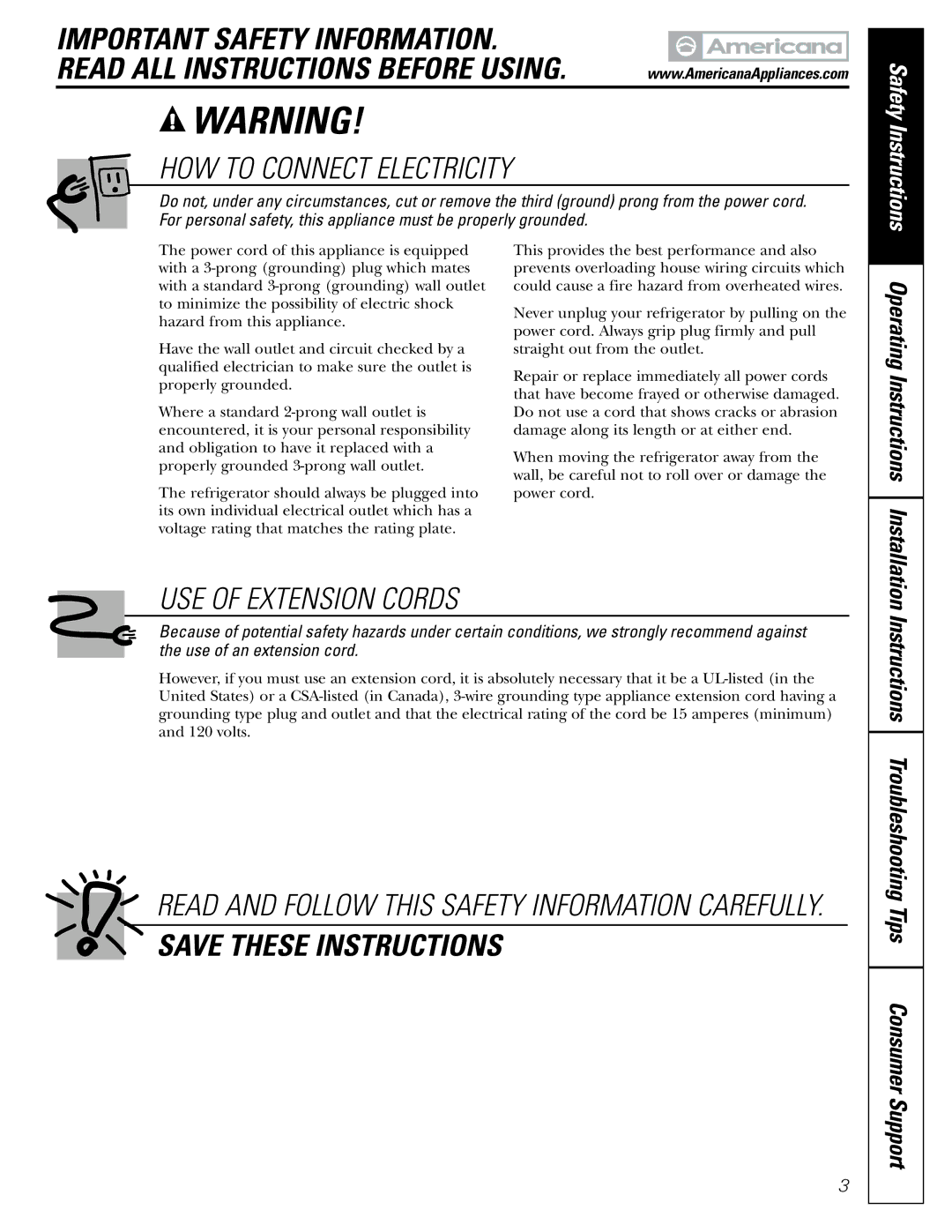 Americana Appliances 197D5984P004 installation instructions Important Safety Information 