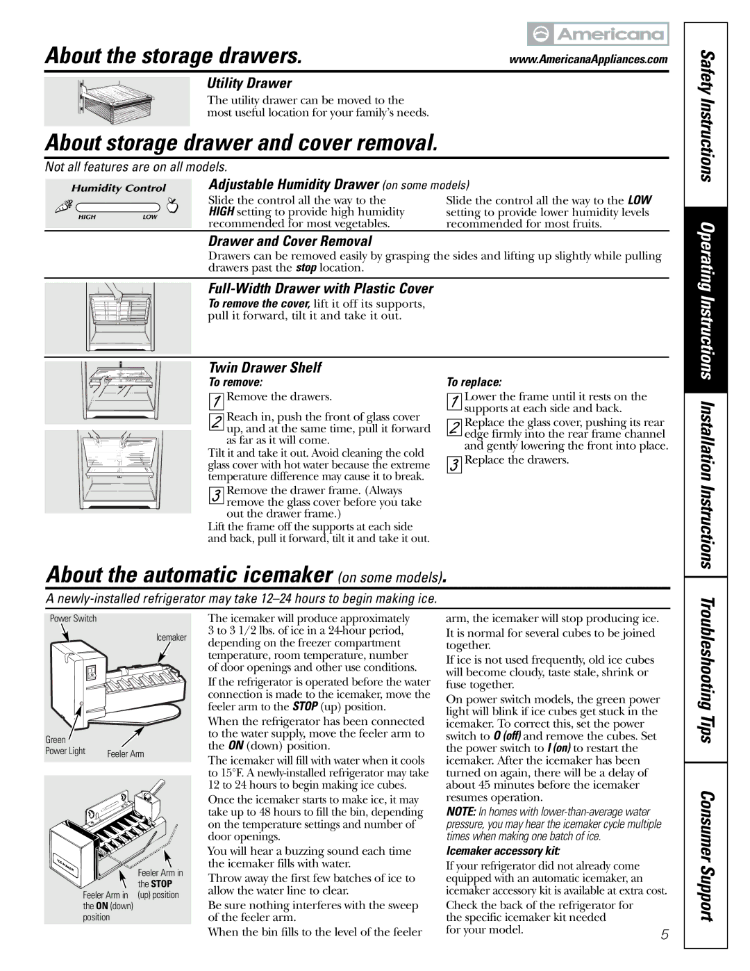 Americana Appliances 197D5984P004 About storage drawer and cover removal, About the automatic icemaker on some models 