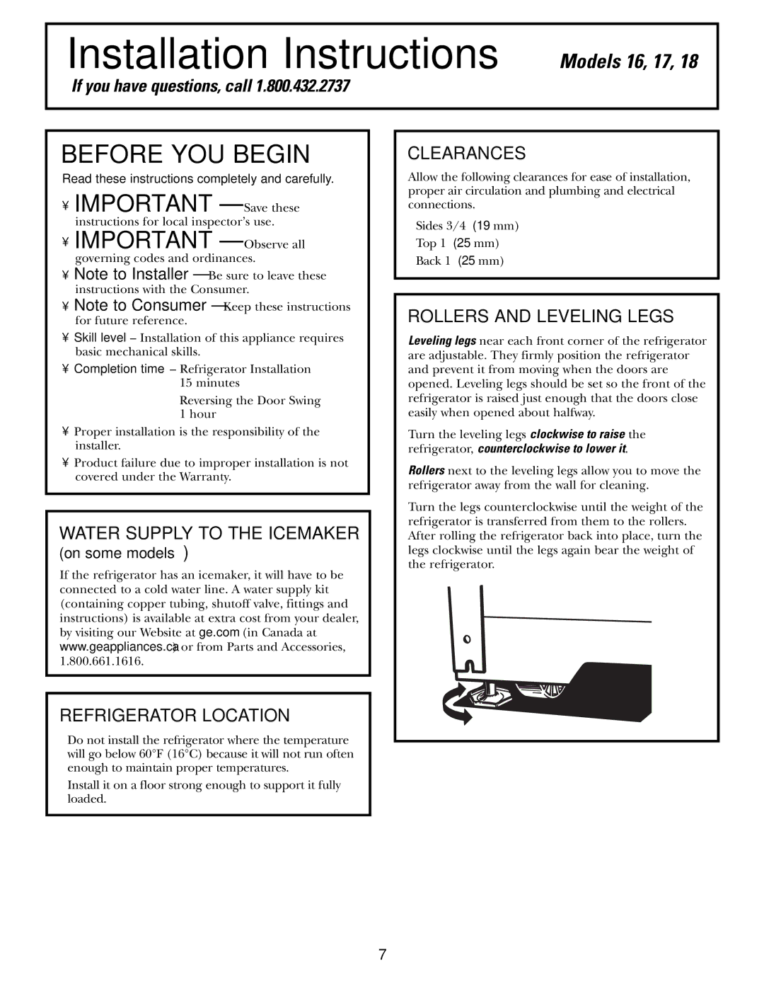 Americana Appliances 197D5984P004 installation instructions Refrigerator Location, Clearances, Rollers and Leveling Legs 