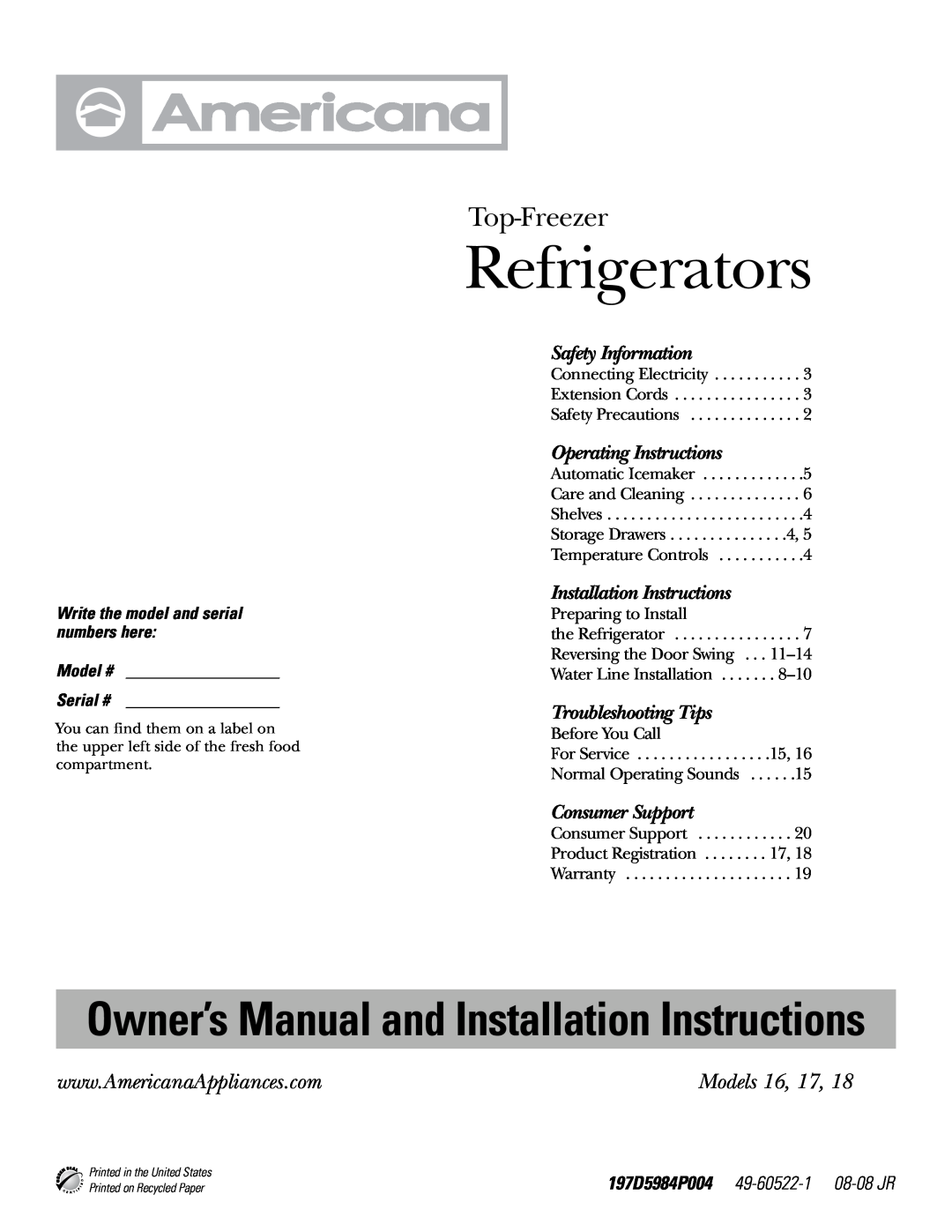 Americana Appliances 197D5984P004 installation instructions Refrigerators, Owner’s Manual and Installation Instructions 