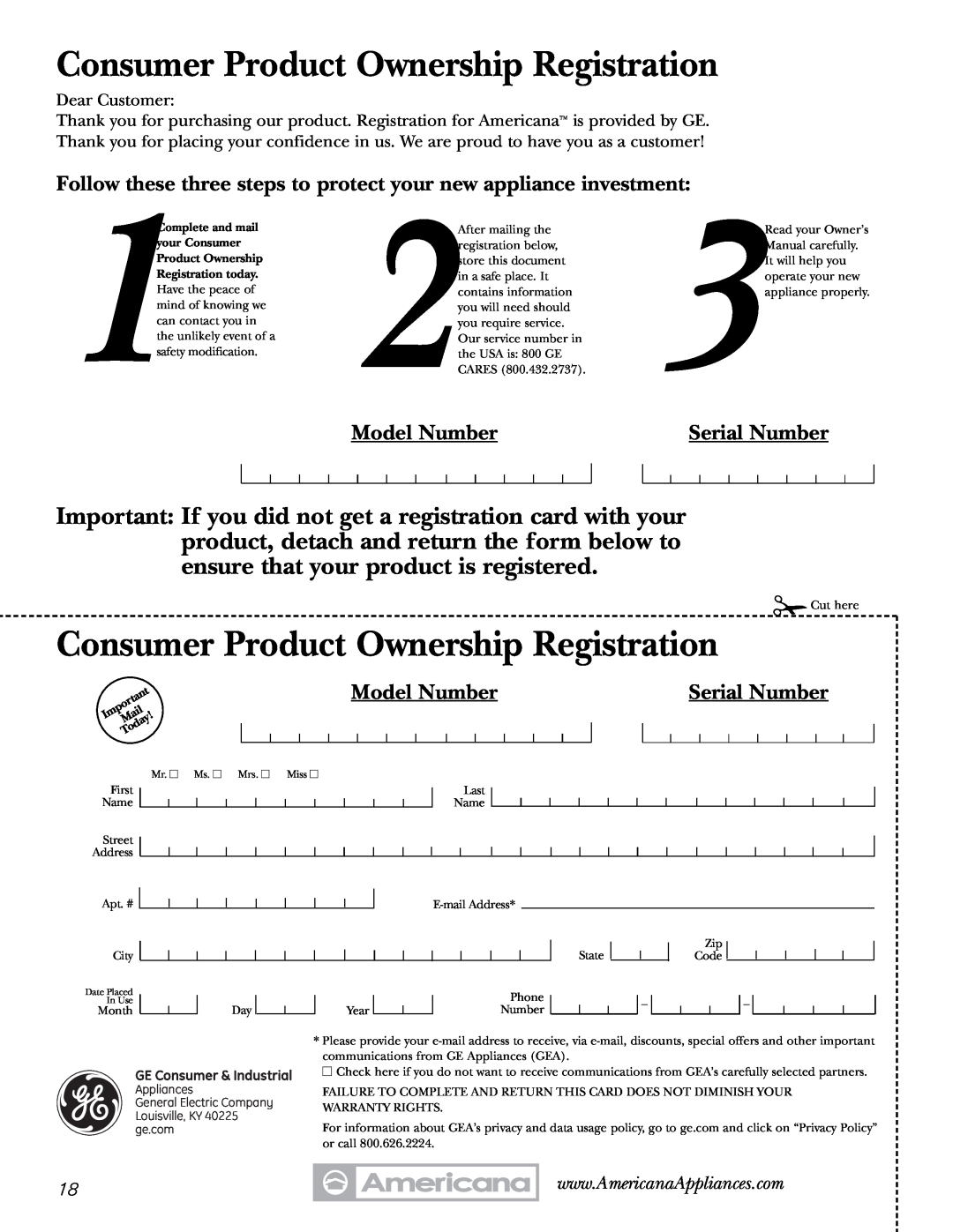 Americana Appliances 197D5984P004 Model Number, Serial Number, Dear Customer, Consumer Product Ownership Registration 