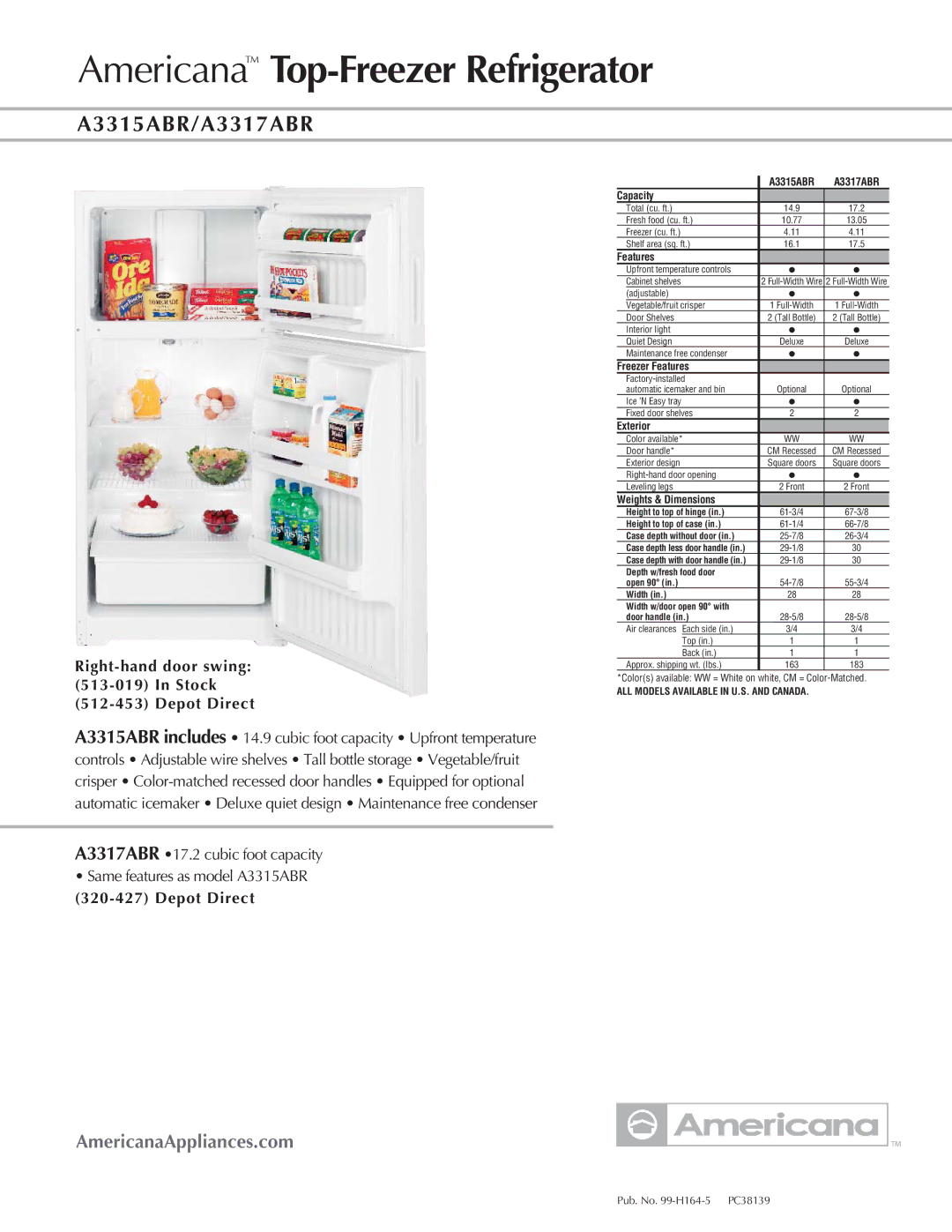 Americana Appliances dimensions Americana Top-Freezer Refrigerator, A3315ABR/A3317ABR 