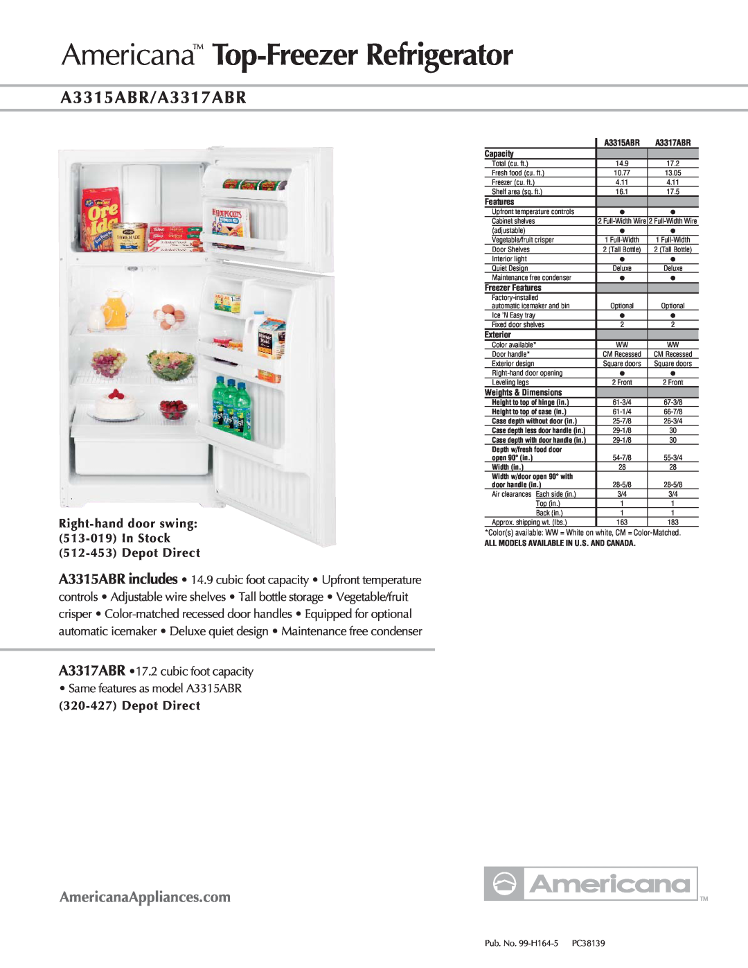 Americana Appliances dimensions Americana Top-FreezerRefrigerator, A3315ABR/A3317ABR, 512-453Depot Direct, Capacity 