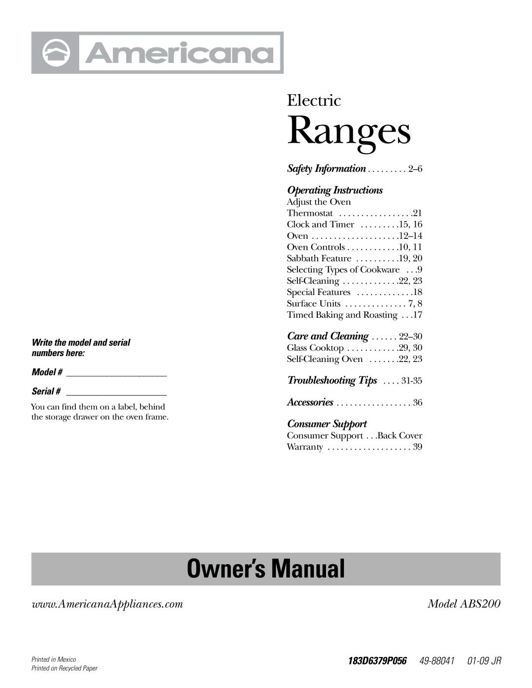 Americana Appliances ABS200 owner manual Ranges 