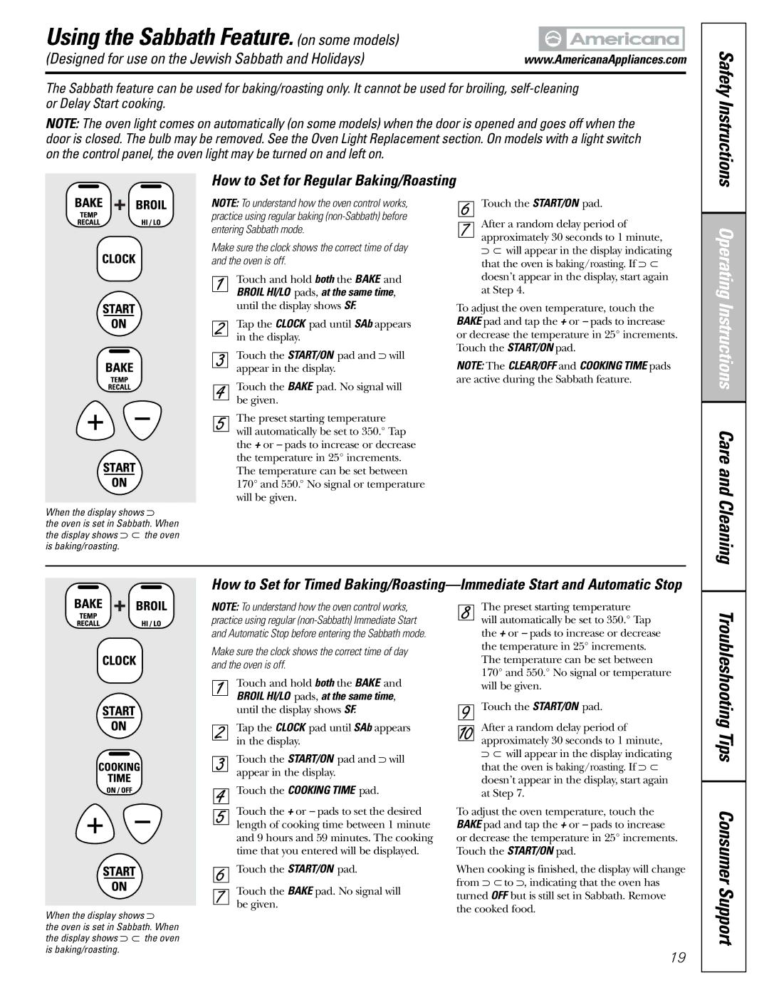 Americana Appliances ABS200 owner manual Using the Sabbath Feature. on some models, Troubleshooting Tips Consumer Support 