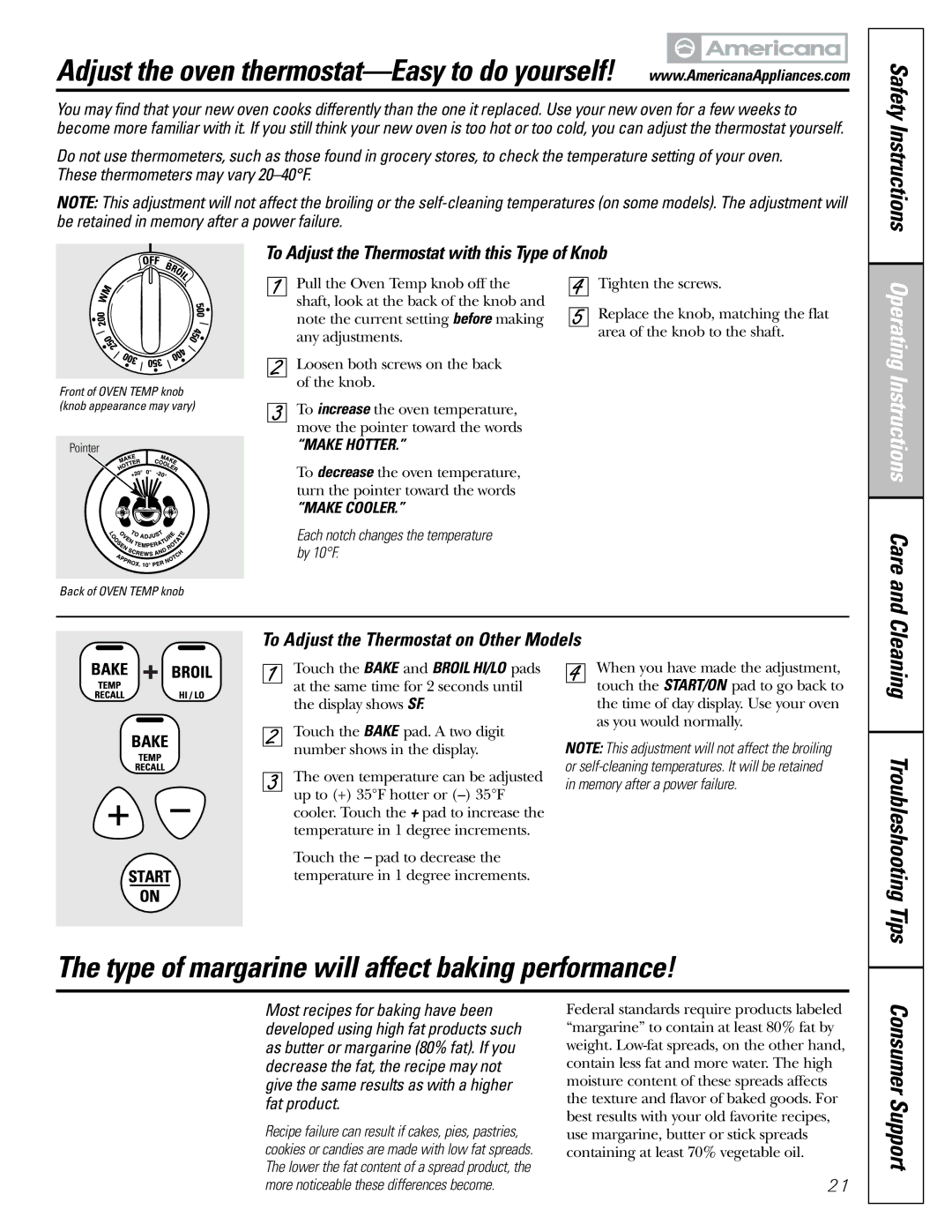 Americana Appliances ABS200 owner manual Type of margarine will affect baking performance, Consumer Support 