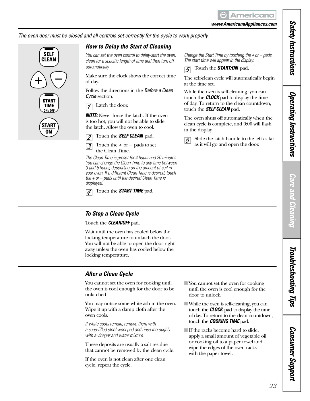 Americana Appliances ABS200 Instructions Operating Instructions Care, Tips Consumer Support, To Stop a Clean Cycle 