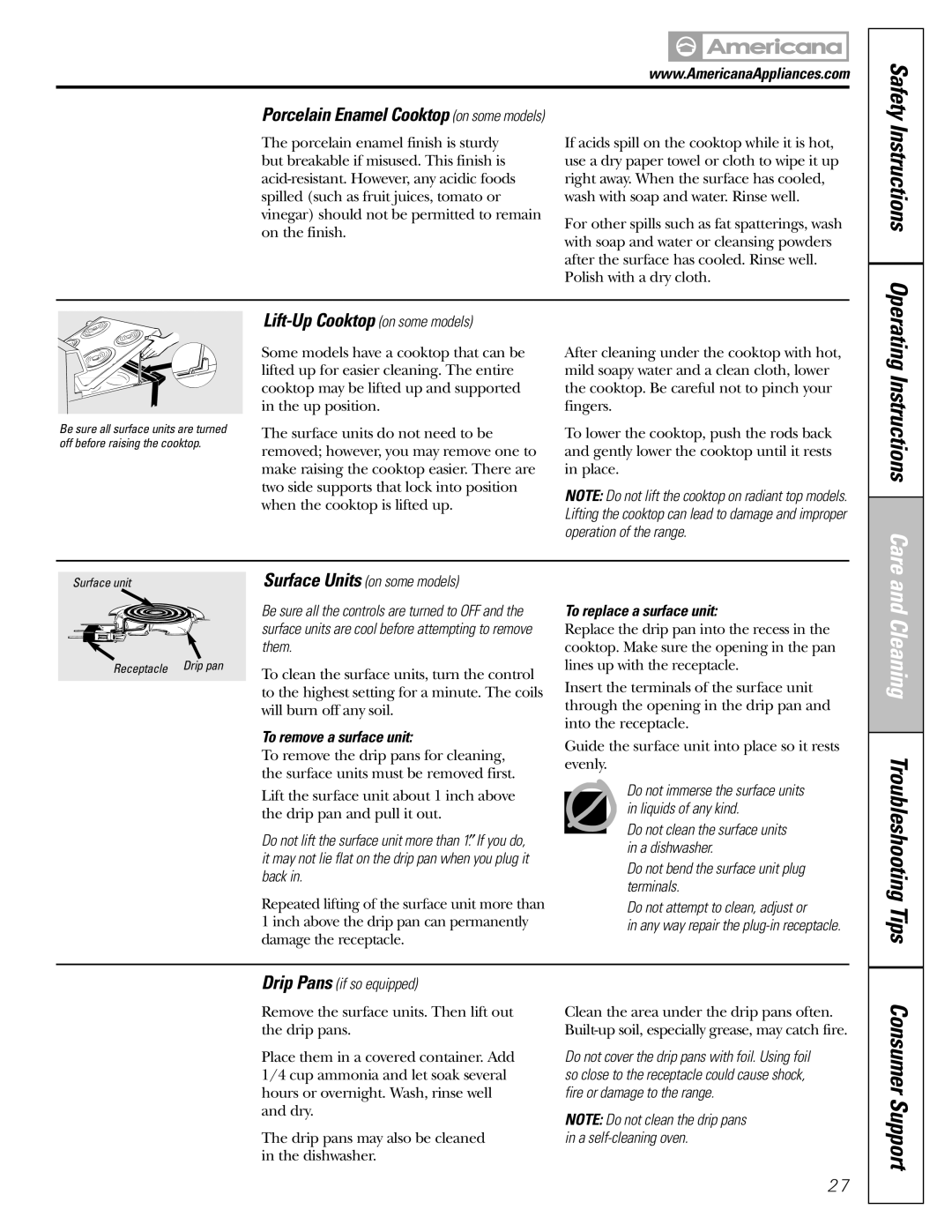 Americana Appliances ABS200 owner manual Cleaning Troubleshooting Tips, Porcelain Enamel Cooktop on some models 