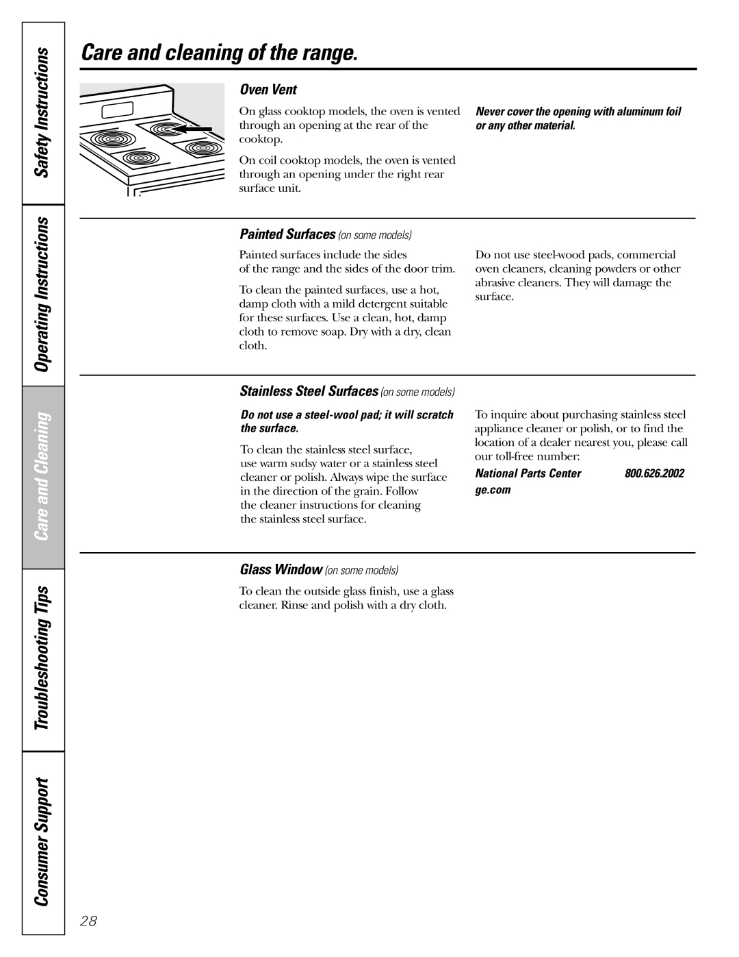 Americana Appliances ABS200 owner manual Oven Vent, Painted Surfaces on some models, National Parts Center, Ge.com 