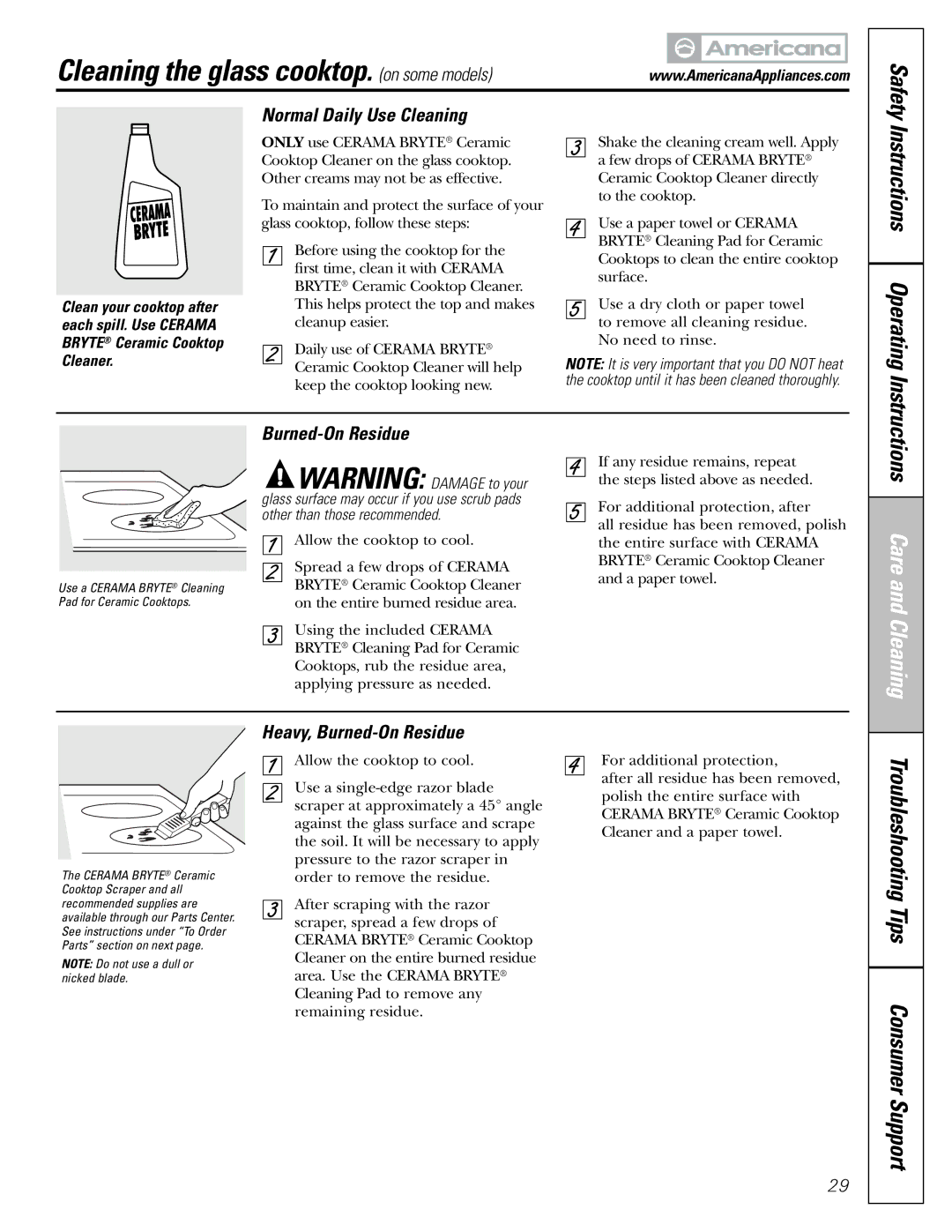 Americana Appliances ABS200 Cleaning the glass cooktop. on some models, Normal Daily Use Cleaning, Burned-On Residue 