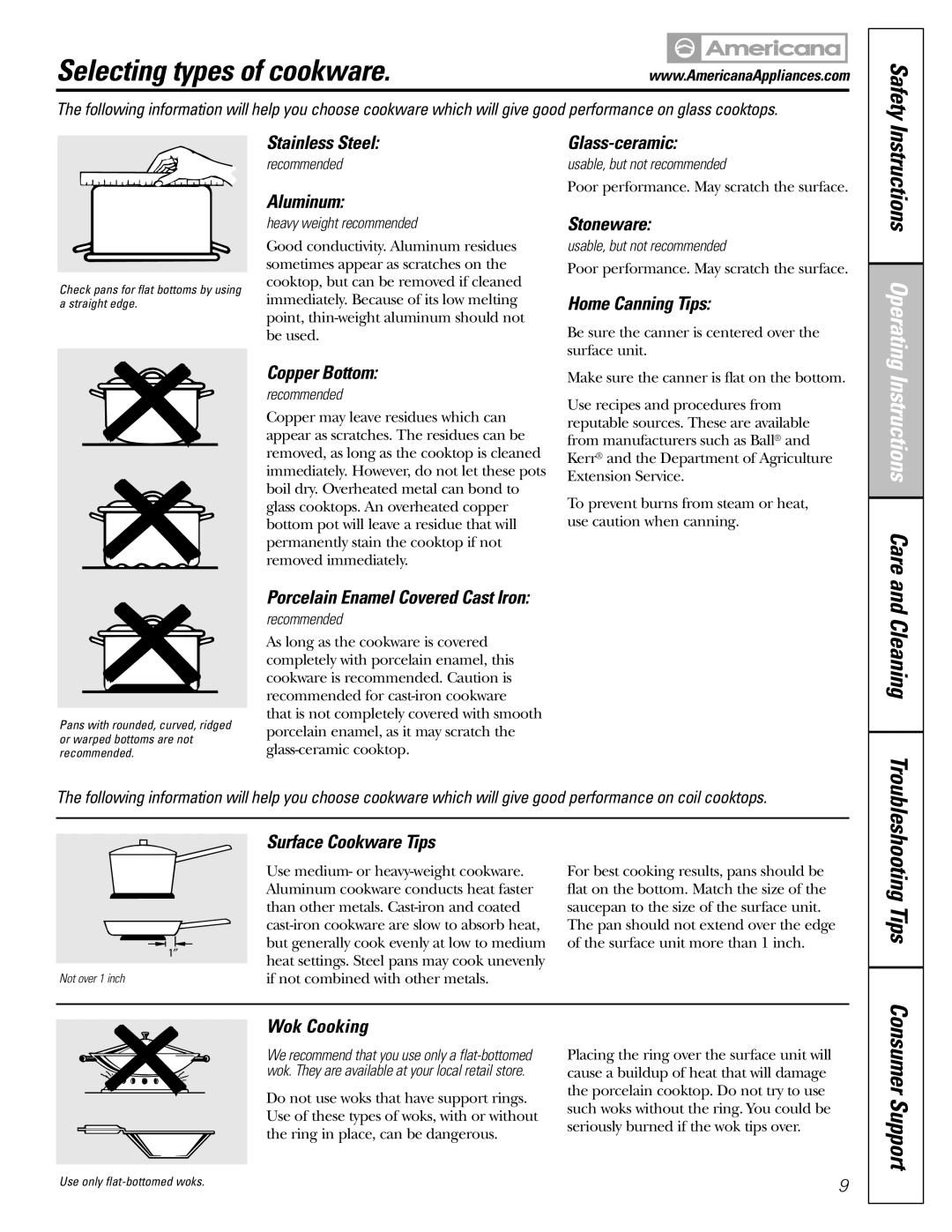 Americana Appliances ABS200 Selecting types of cookware, Safety, Instructions Operating Instructions Care and Cleaning 