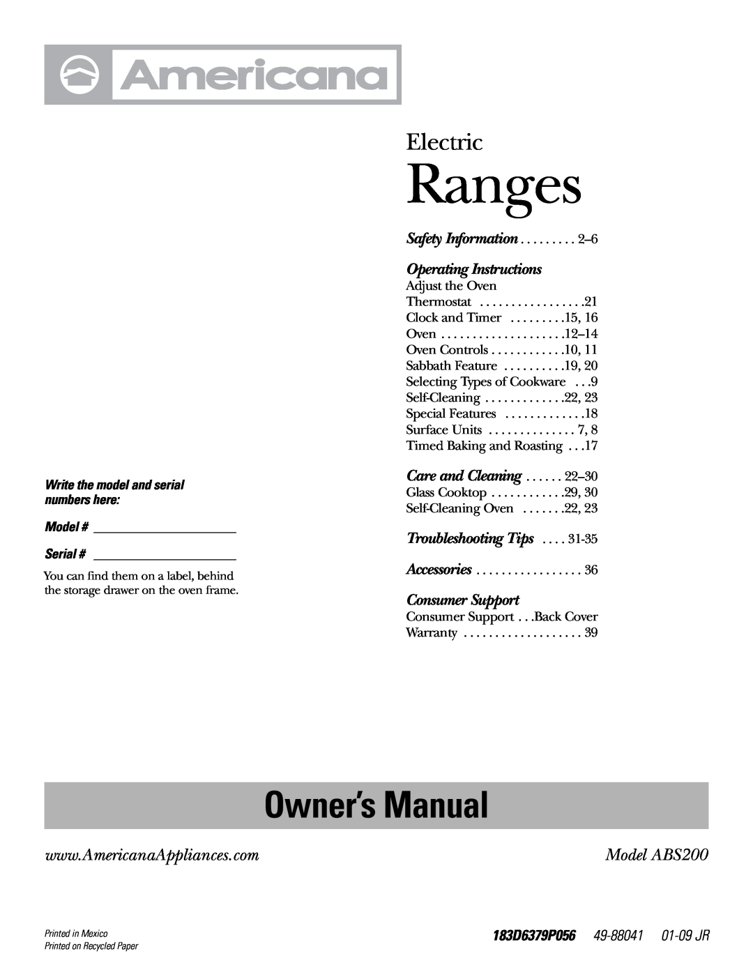 Americana Appliances owner manual 183D6379P056 49-88041 01-09 JR, Ranges, Electric, Model ABS200, Care and Cleaning 