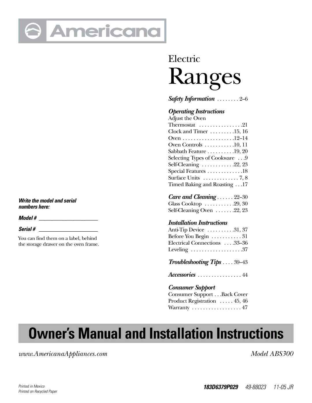 Americana Appliances ABS300 installation instructions Ranges 