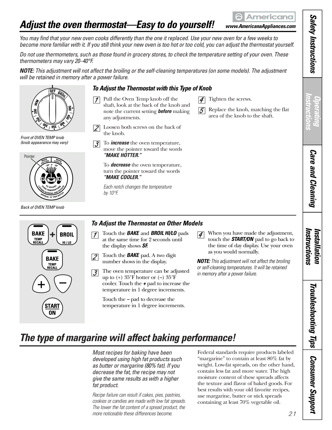 Americana Appliances ABS300 Type of margarine will affect baking performance, To Adjust the Thermostat on Other Models 