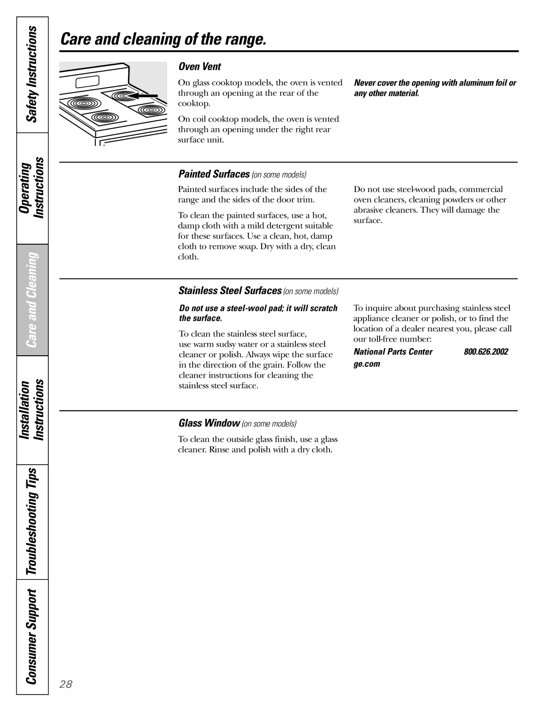 Americana Appliances ABS300 Oven Vent, Painted Surfaces on some models, National Parts Center 800.626.2002 Ge.com 