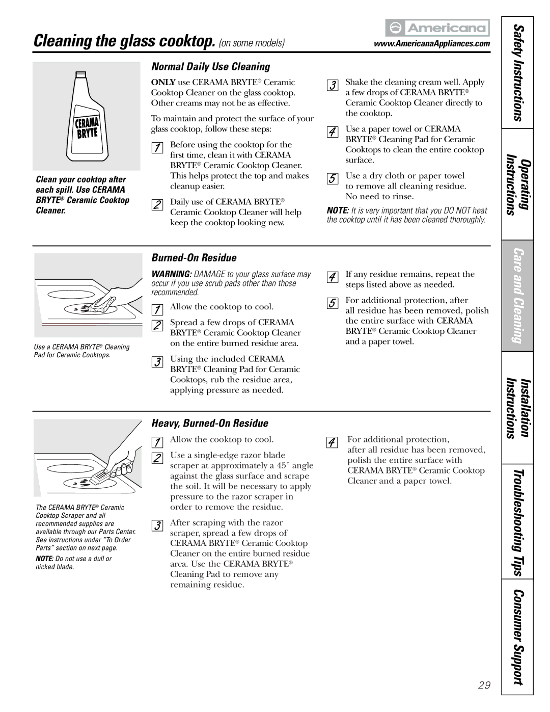 Americana Appliances ABS300 Cleaning the glass cooktop. on some models, Instructions Operating, Normal Daily Use Cleaning 