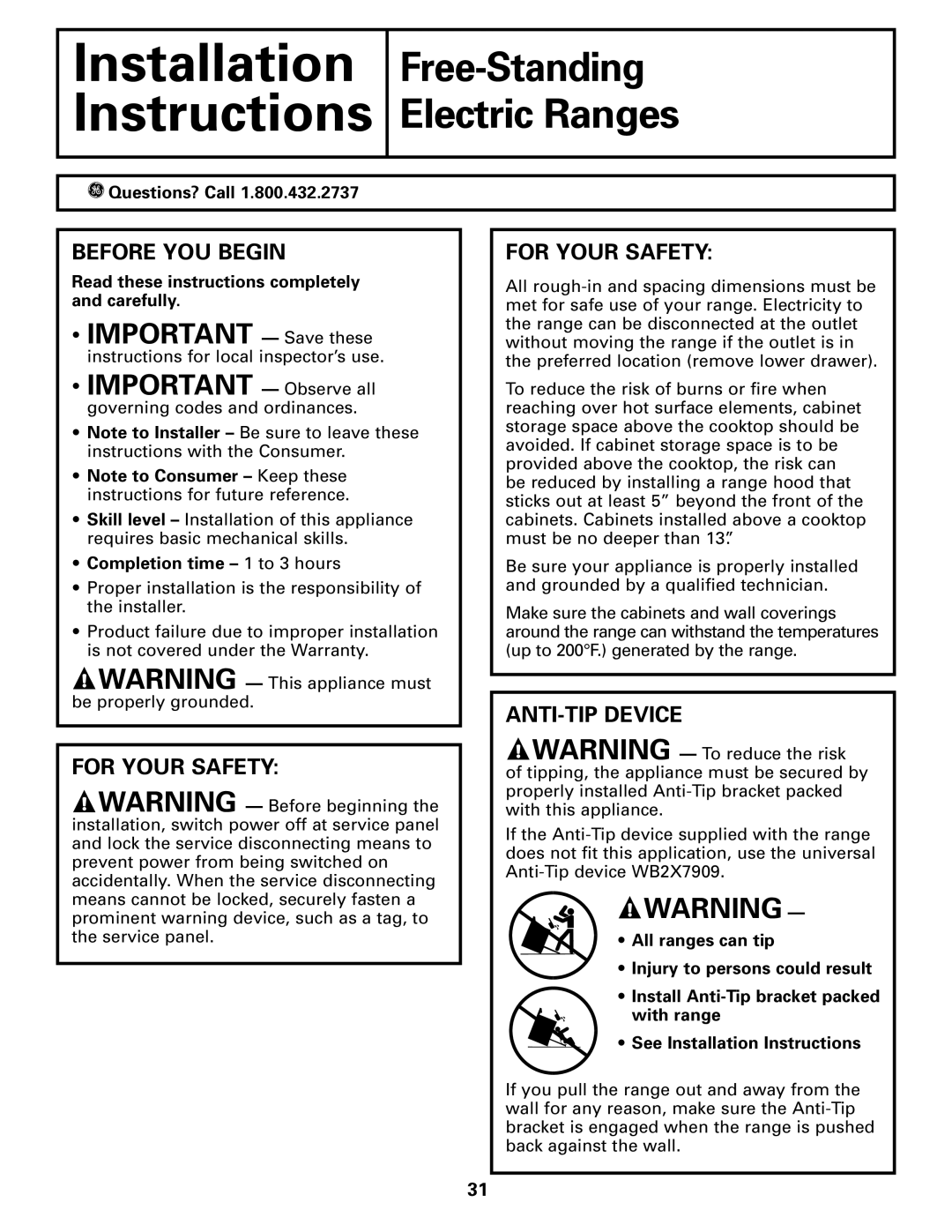 Americana Appliances ABS300 installation instructions Before YOU Begin, For Your Safety, ANTI-TIP Device 