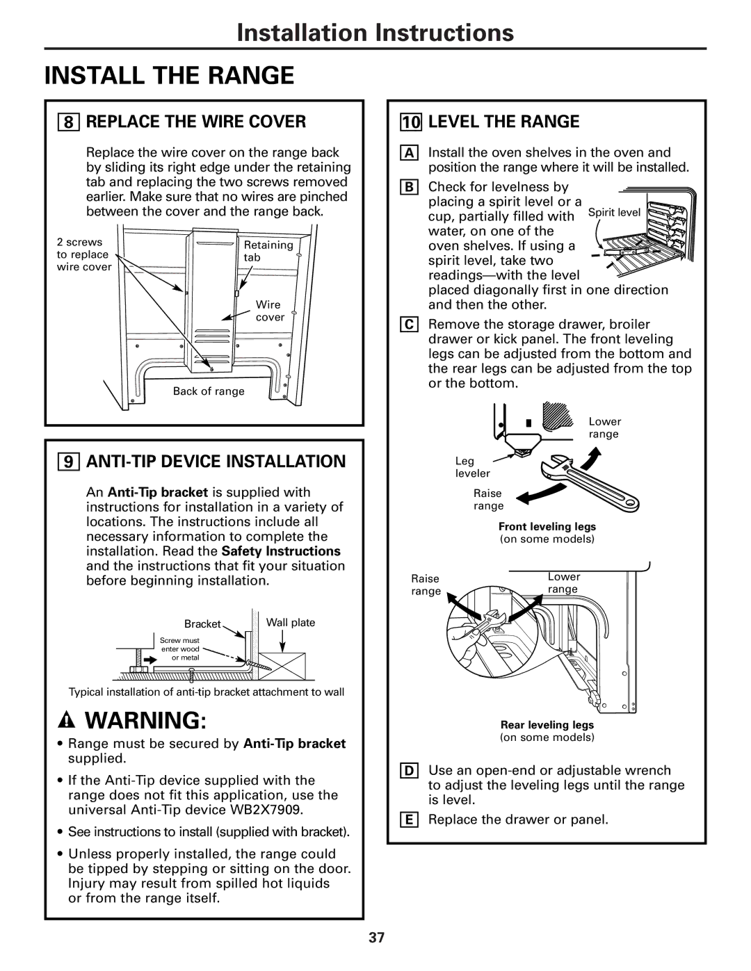 Americana Appliances ABS300 installation instructions Replace the Wire Cover, ANTI-TIP Device Installation, Level the Range 