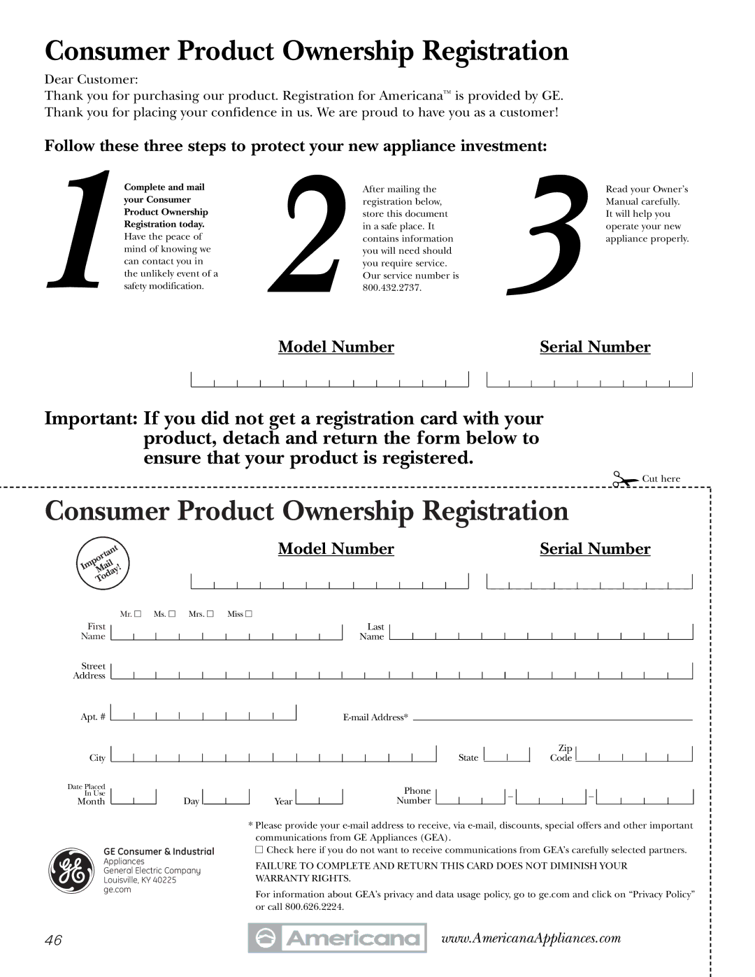 Americana Appliances ABS300 installation instructions Consumer Product Ownership Registration 