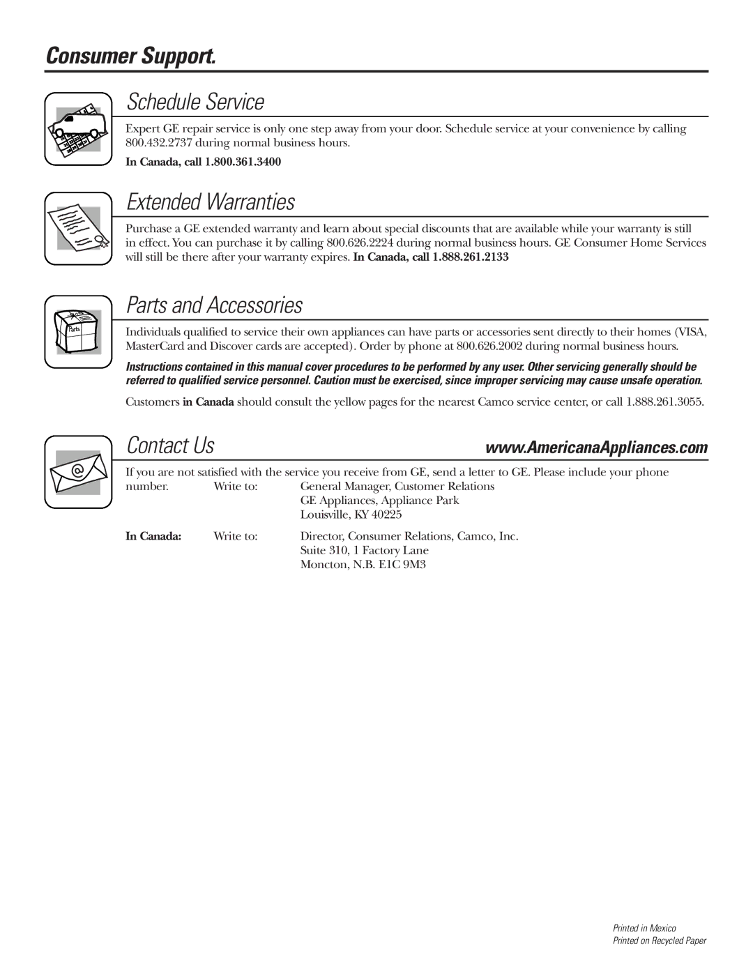 Americana Appliances ABS300 installation instructions Consumer Support, Contact Us 