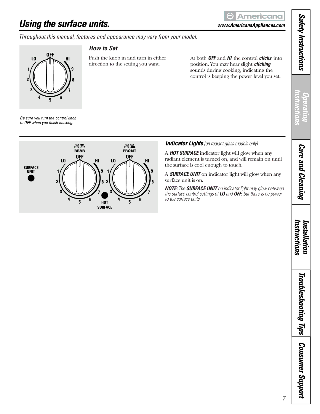 Americana Appliances ABS300 Using the surface units, How to Set, Indicator Lights on radiant glass models only 