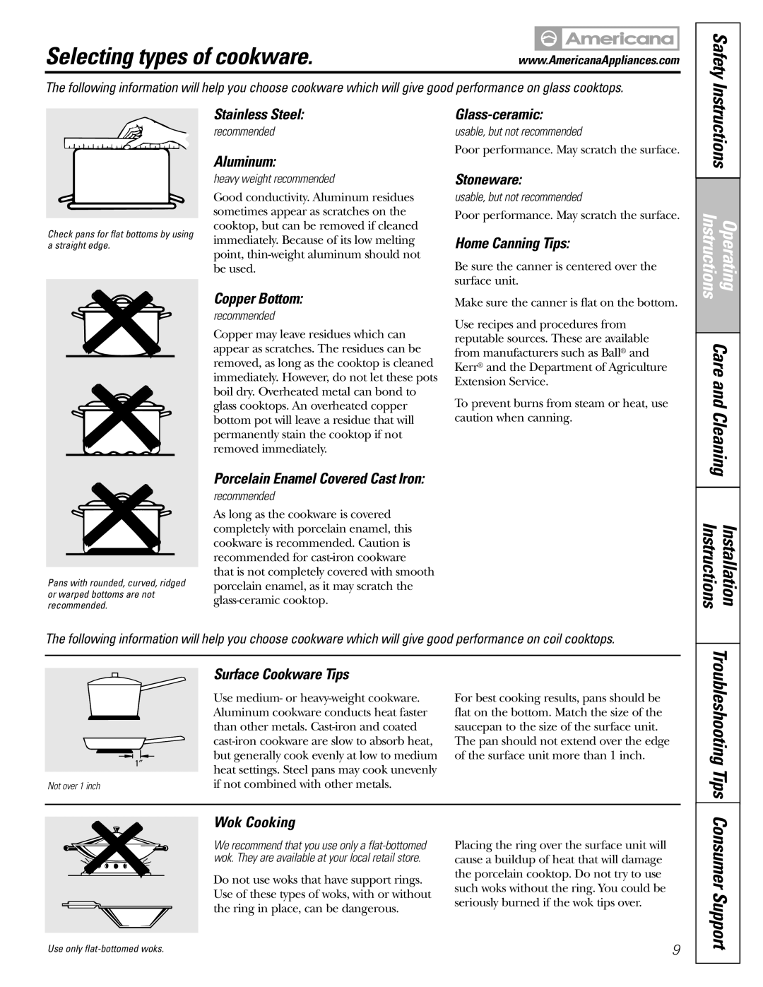 Americana Appliances ABS300 installation instructions Selecting types of cookware 