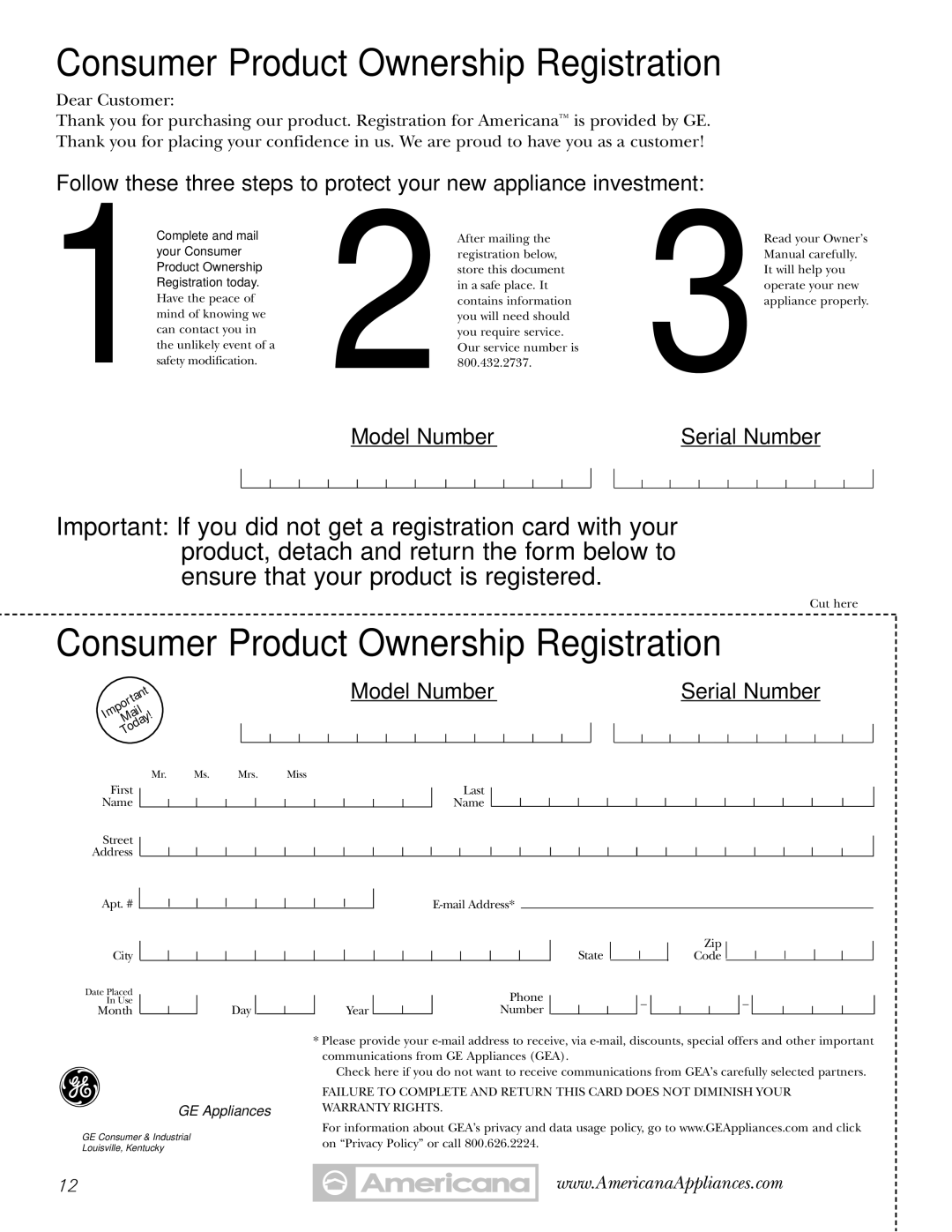 Americana Appliances ADW1000 series owner manual Consumer Product Ownership Registration 