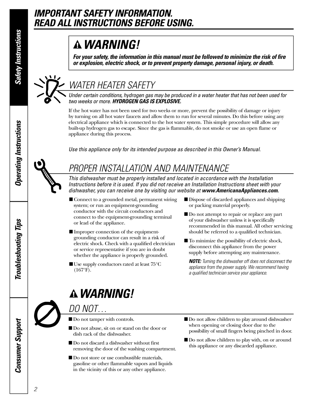 Americana Appliances ADW1000 series owner manual Water Heater Safety 