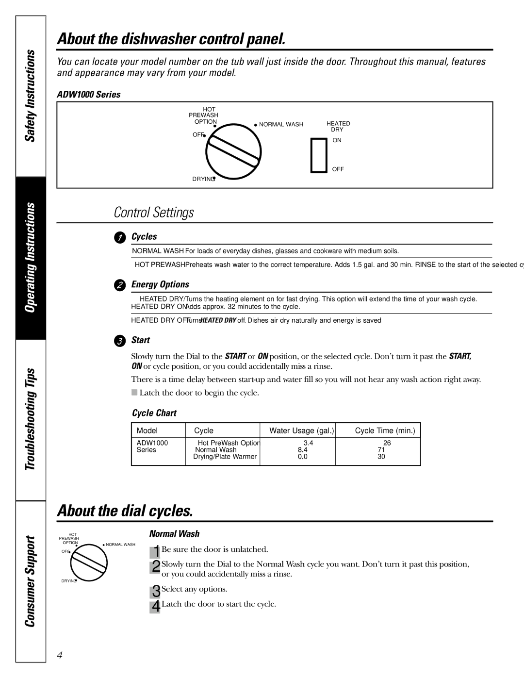 Americana Appliances ADW1000 series About the dishwasher control panel, About the dial cycles, Control Settings 