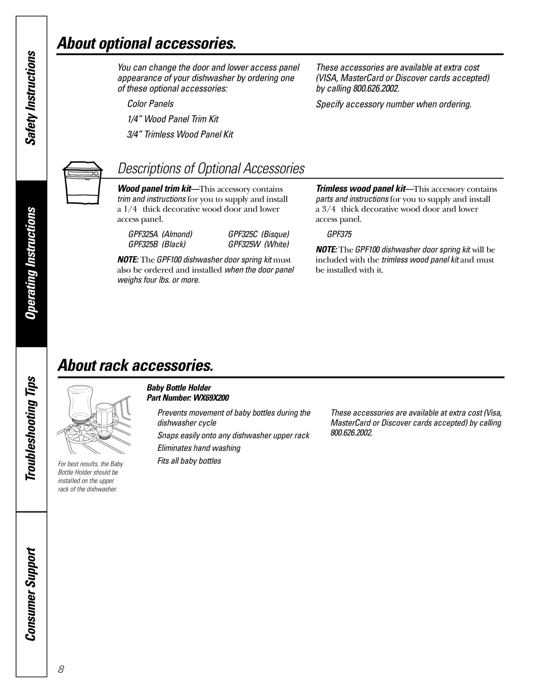 Americana Appliances ADW1000 series owner manual About optional accessories, About rack accessories 