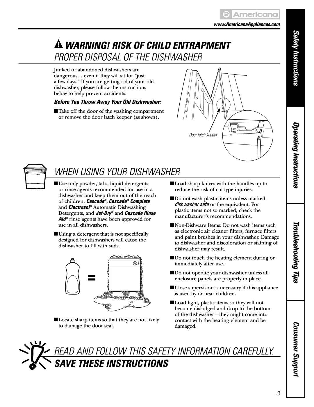 Americana Appliances ADW1000 series Warning! Risk Of Child Entrapment, Proper Disposal Of The Dishwasher, Support 
