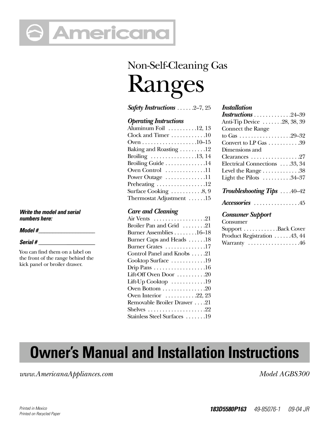 Americana Appliances AGBS300 installation instructions Non-Self-Cleaning Gas 