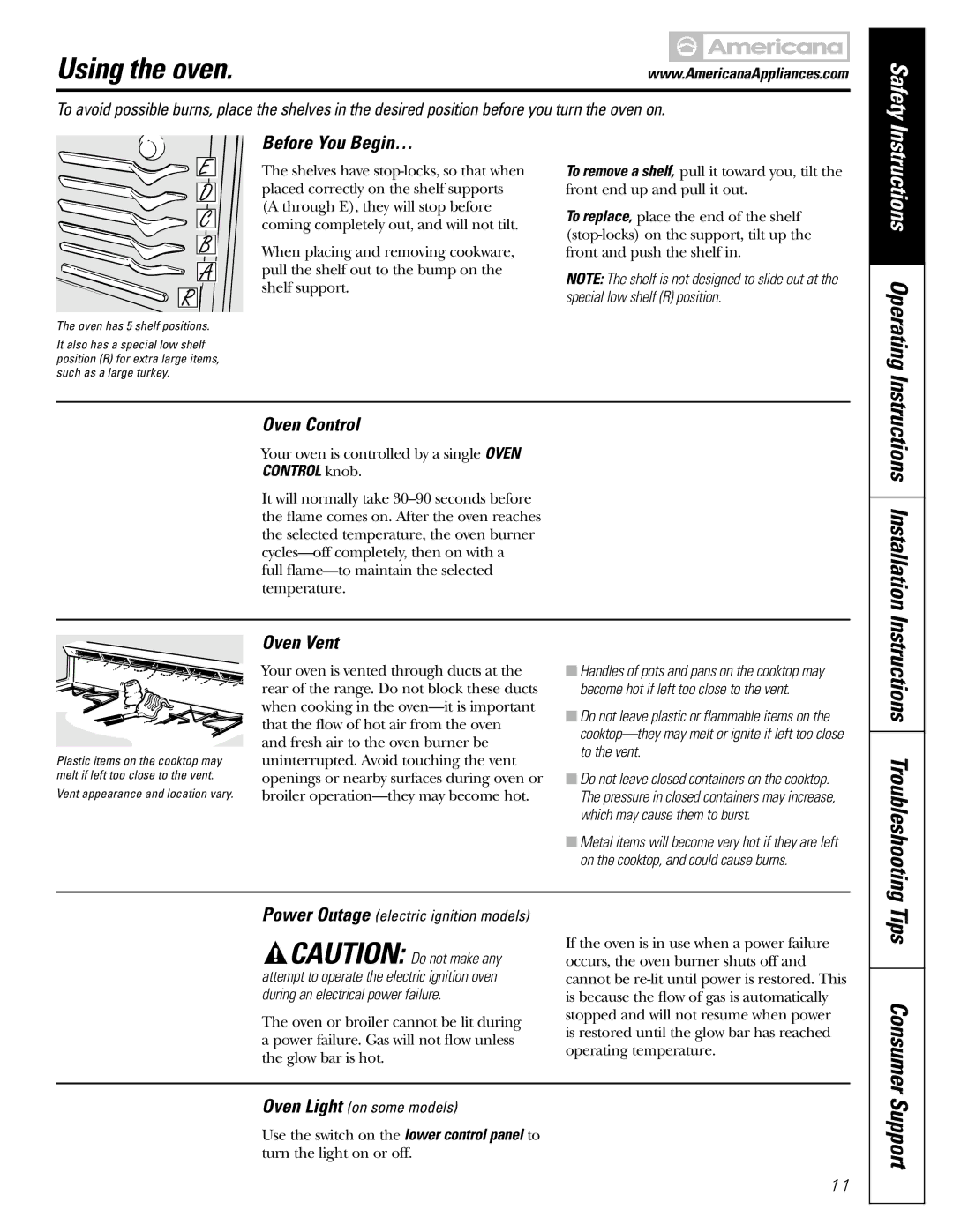 Americana Appliances AGBS300 installation instructions Using the oven, Before You Begin…, Oven Control, Oven Vent 