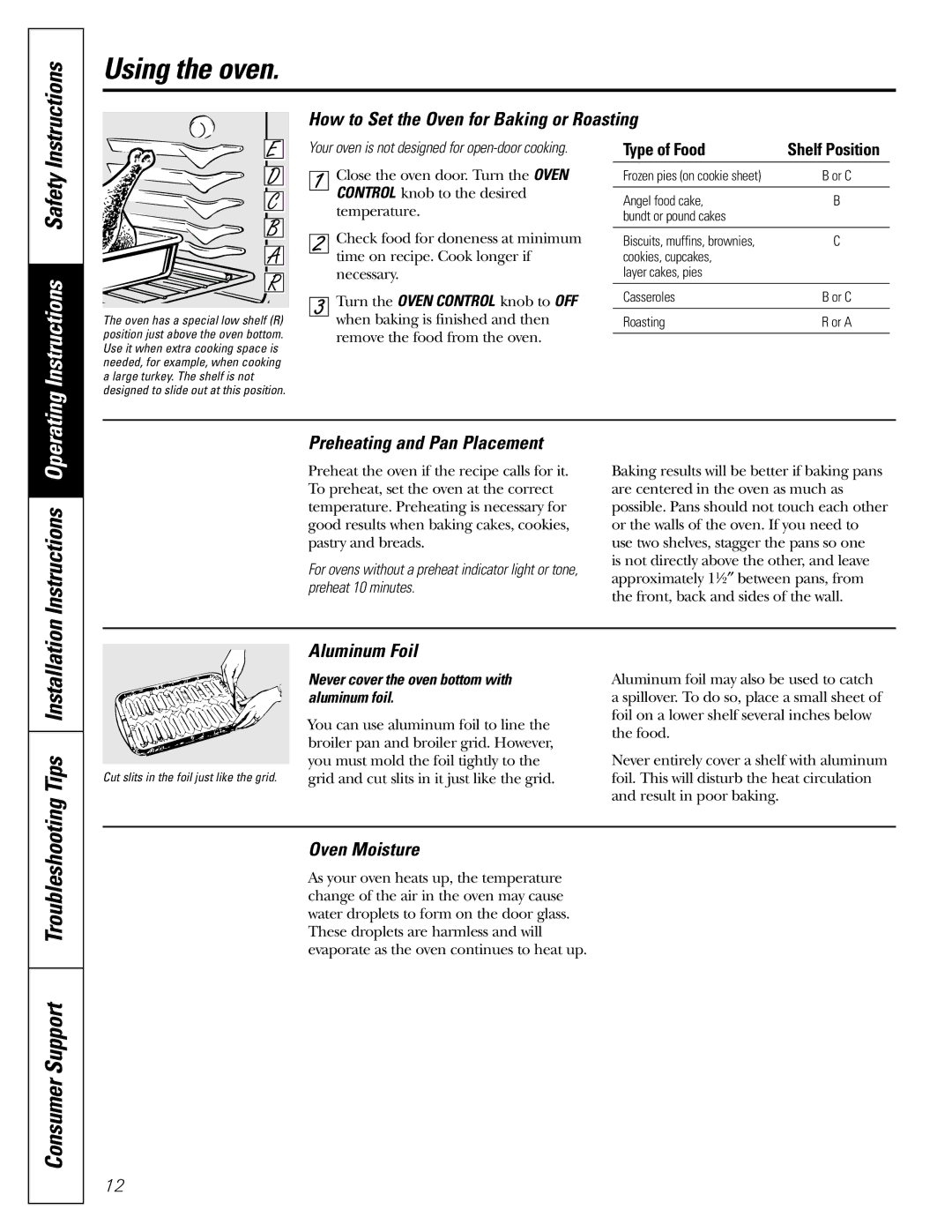 Americana Appliances AGBS300 How to Set the Oven for Baking or Roasting, Preheating and Pan Placement, Aluminum Foil 