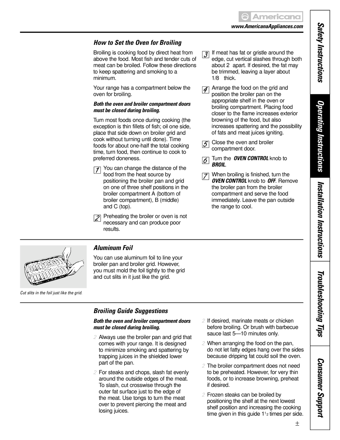 Americana Appliances AGBS300 installation instructions How to Set the Oven for Broiling, Broiling Guide Suggestions 