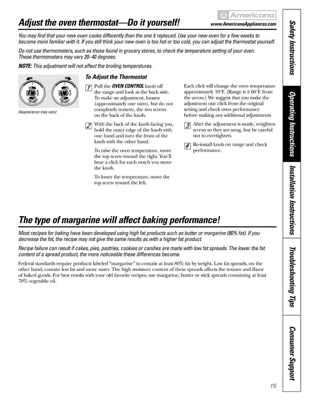 Americana Appliances AGBS300 Type of margarine will affect baking performance, Safety Instructions 