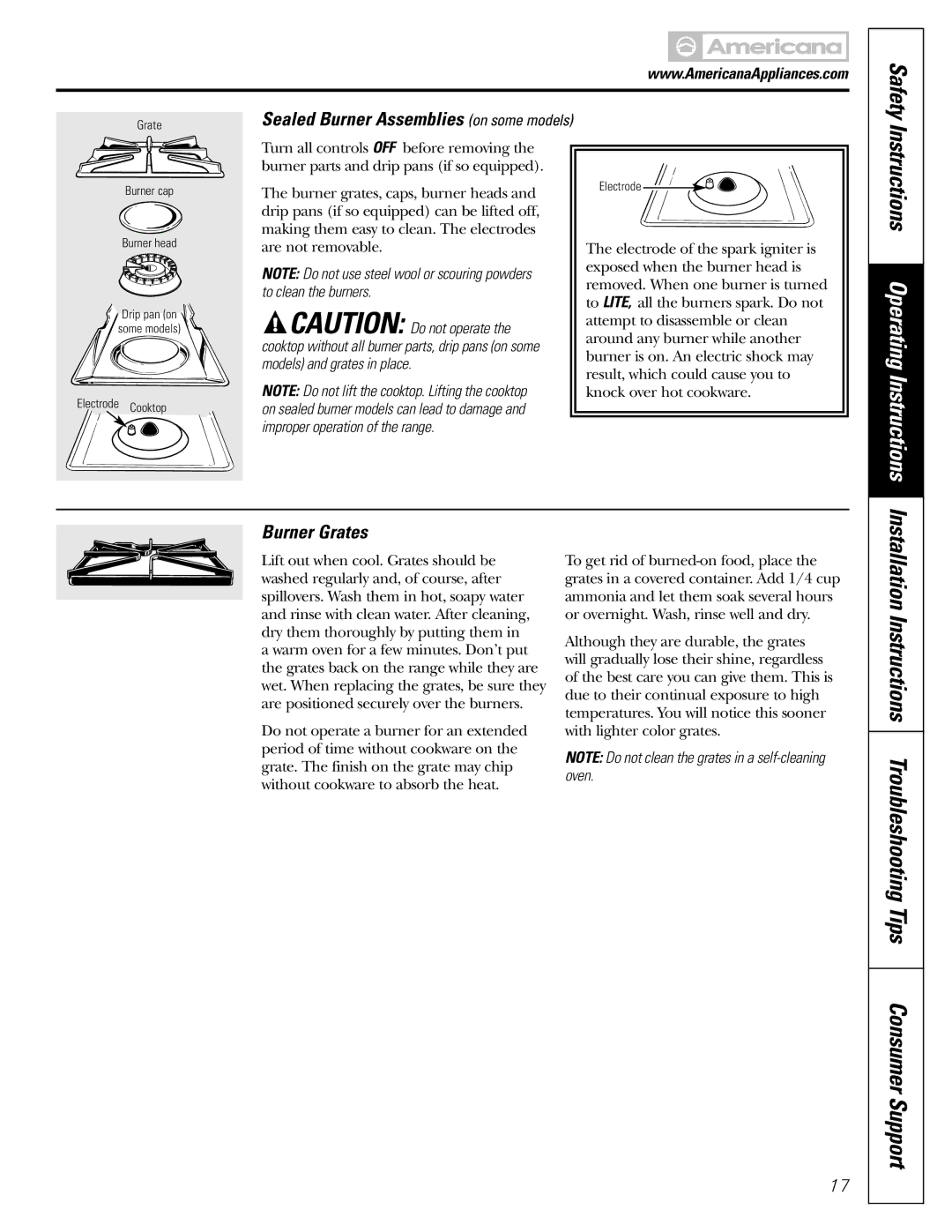 Americana Appliances AGBS300 installation instructions Burner Grates, Sealed Burner Assemblies on some models 