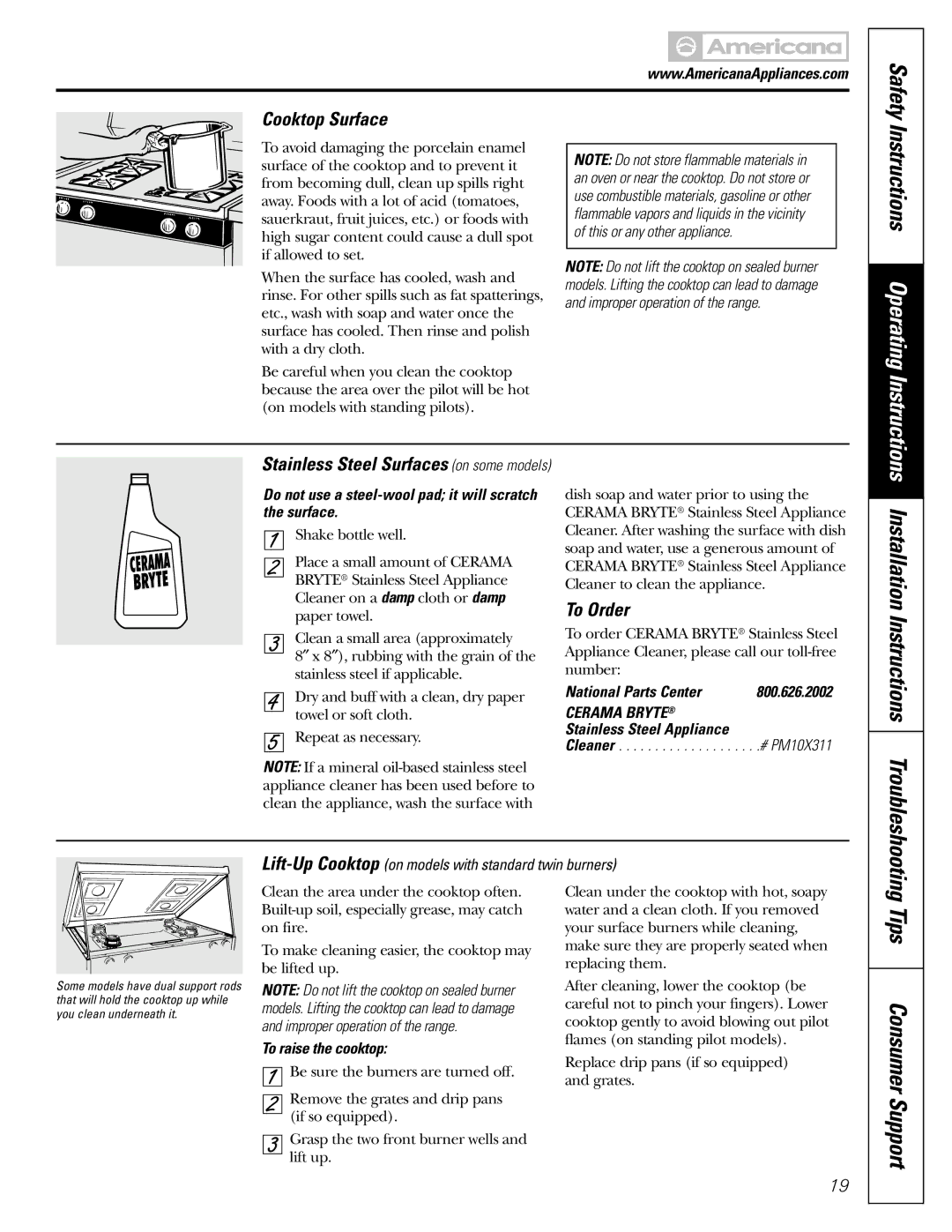 Americana Appliances AGBS300 installation instructions Cooktop Surface, To Order, Installation Instructions Troubleshooting 